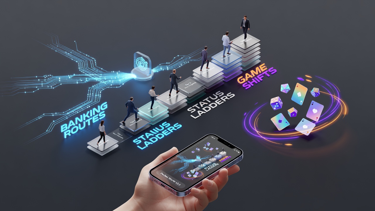 Smartphone displaying casino game lobby with tiered reward indicators and banking summary