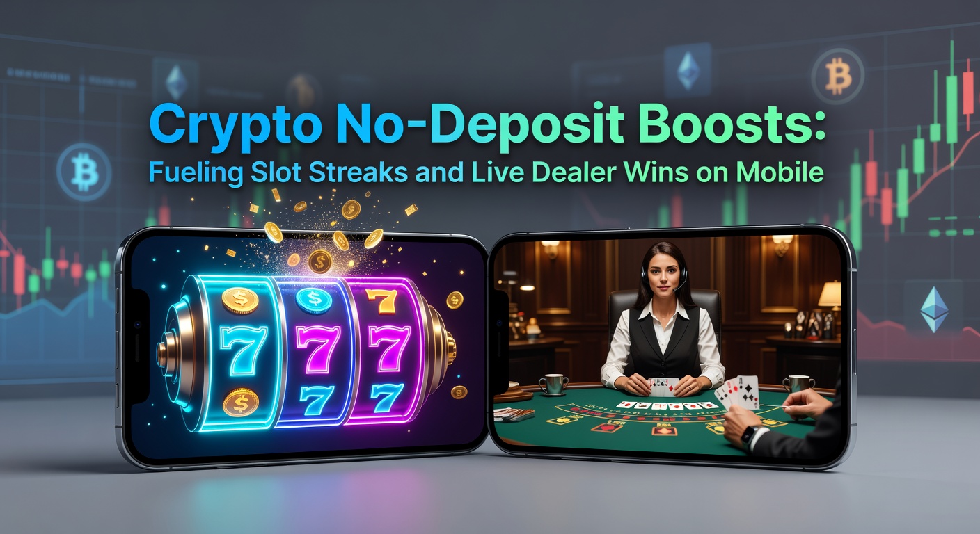 Vibrant mobile screen displaying a slot machine streak powered by crypto no-deposit credits, with blockchain icons glowing in the background