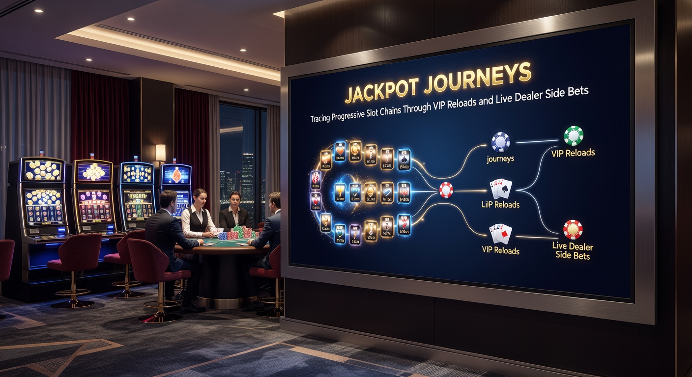 Live dealer blackjack table with progressive side bet options illuminated, jackpot ticker rising in the corner amid cards being dealt