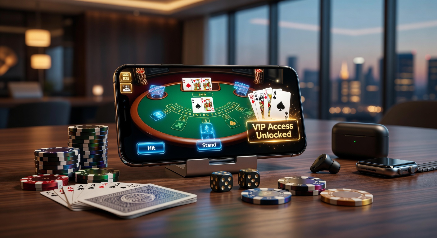 Smartphone screen displaying a live mobile blackjack table with dealer and VIP status badge glowing on the side