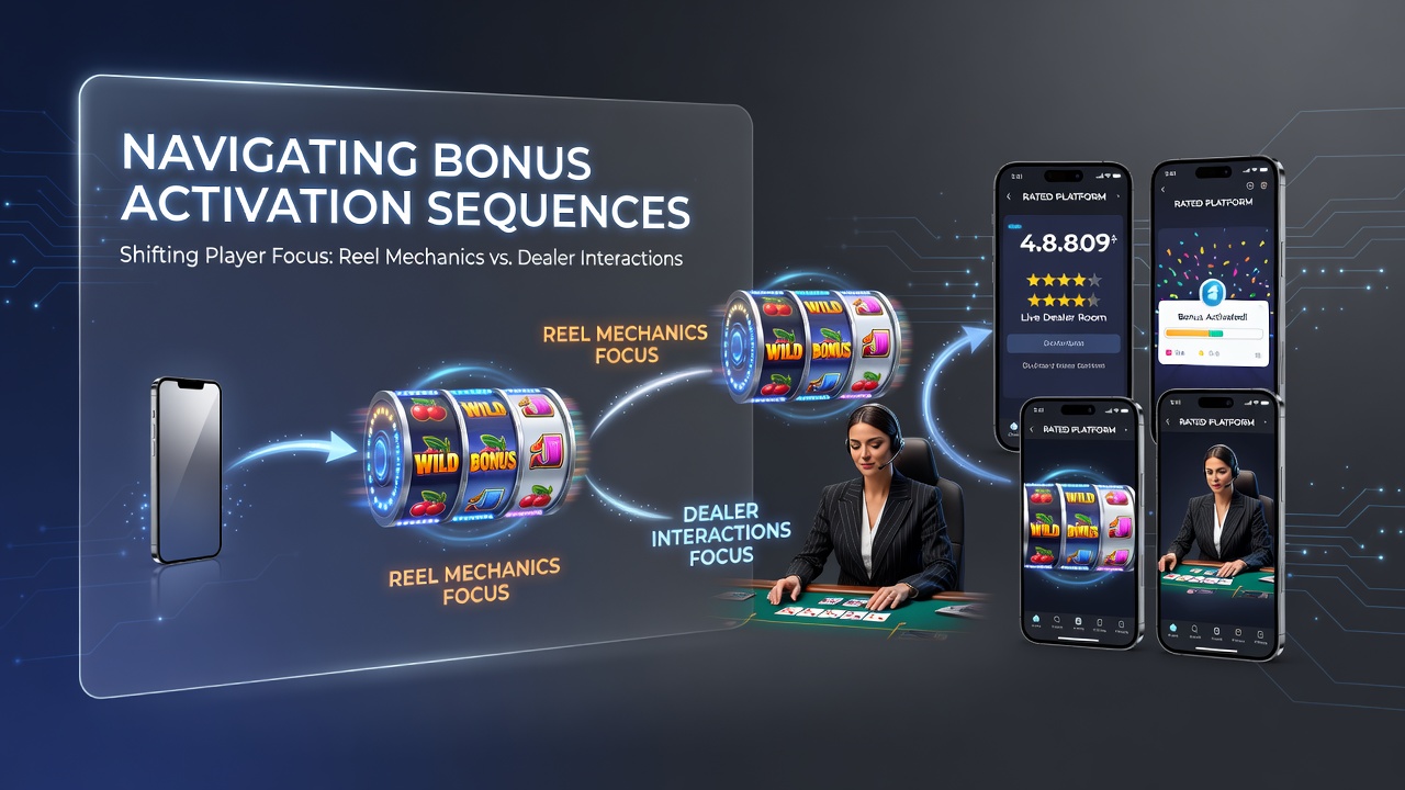 Mobile casino interface showing bonus activation prompts between slot reels and live dealer tables