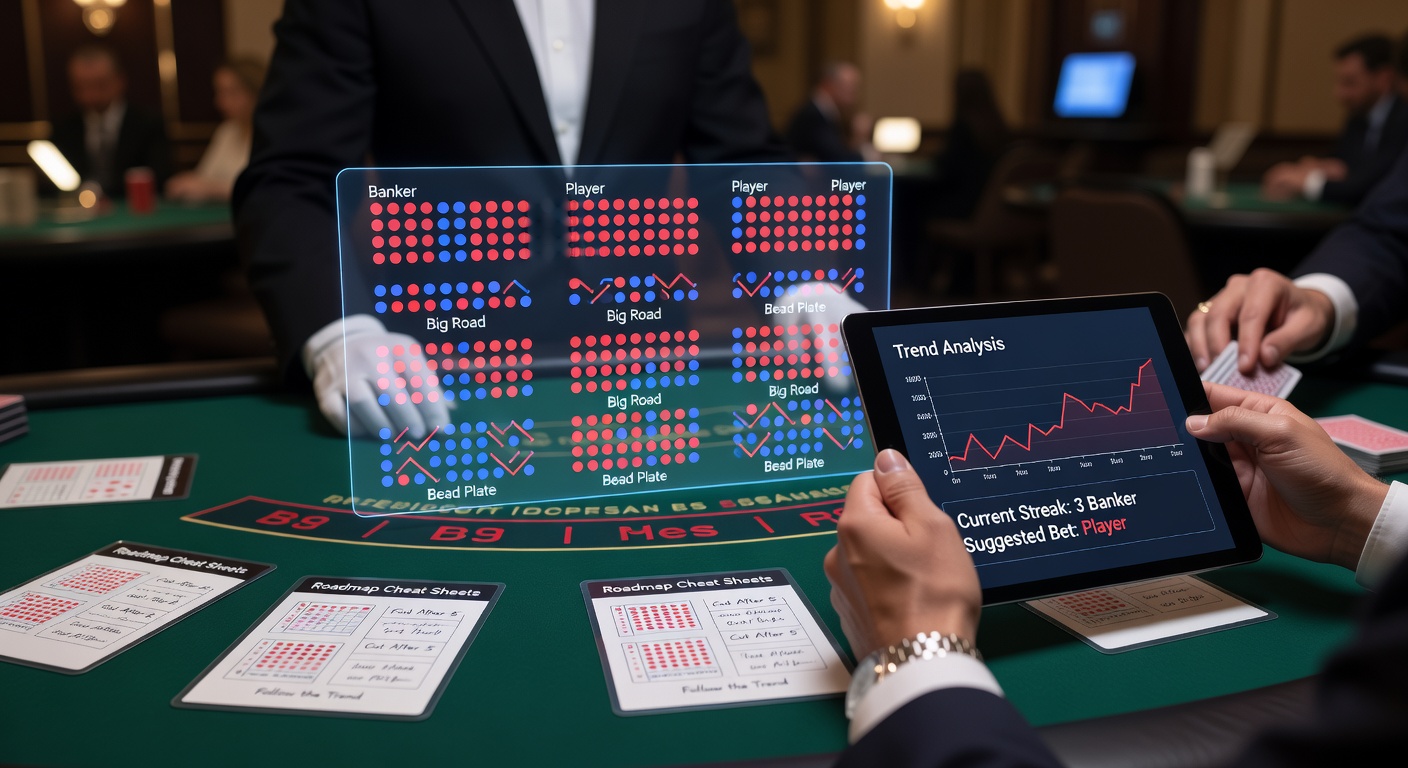 Digital display of a live baccarat roadmap showing colorful columns tracking Banker and Player streaks on a casino screen