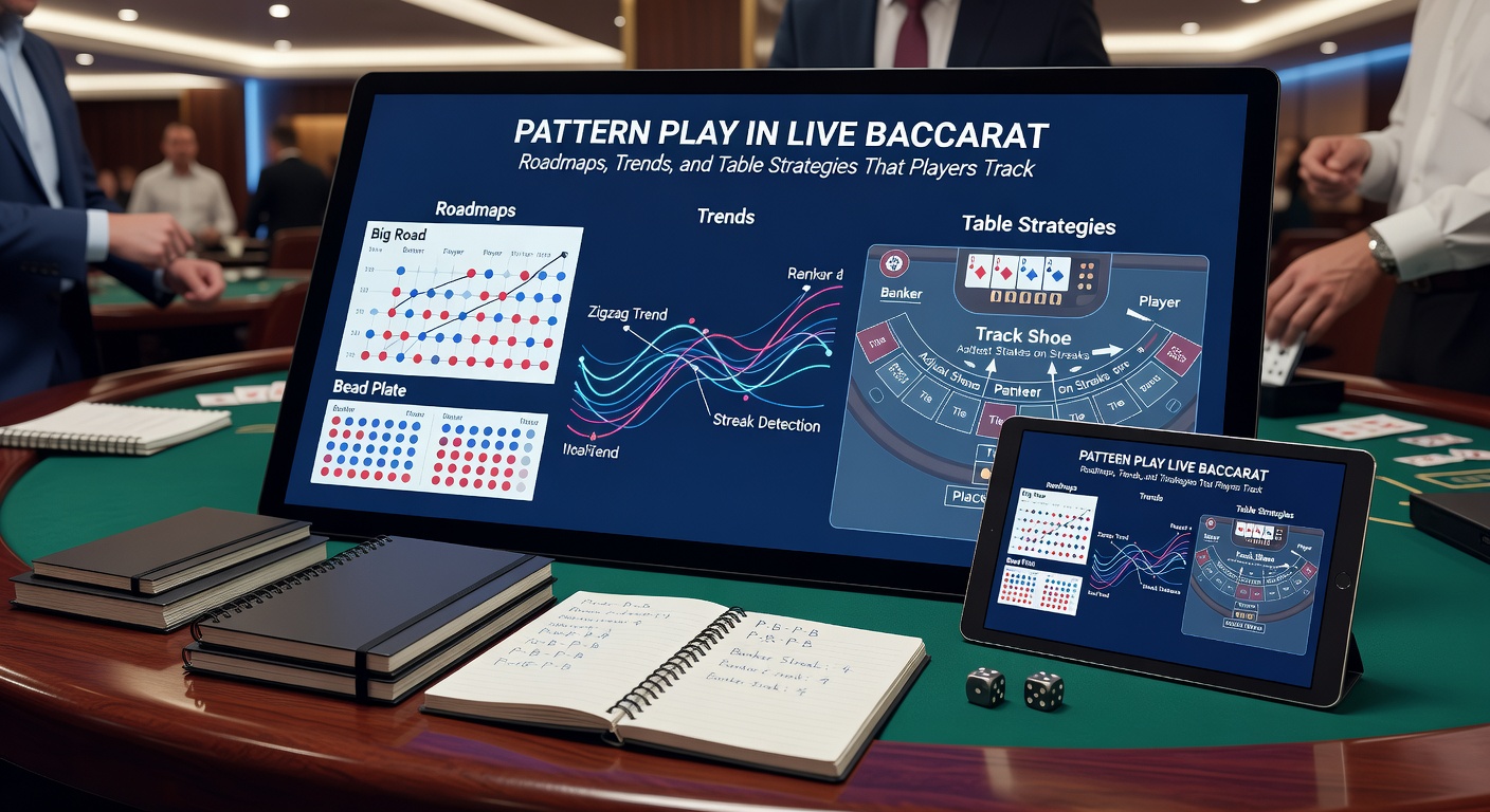 Close-up of a baccarat table with dealer marking a roadmap, showing a streak of Banker wins in red columns during a live casino session