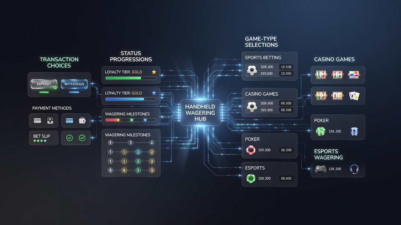 Handheld device showing loyalty tier dashboard alongside categorized game selections including slots and live tables