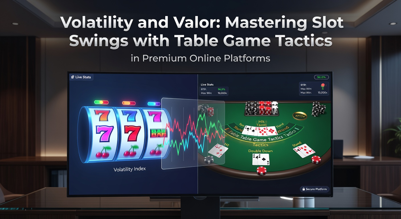 Player at a virtual table reviewing slot volatility charts alongside blackjack strategy cards on a sleek premium casino app